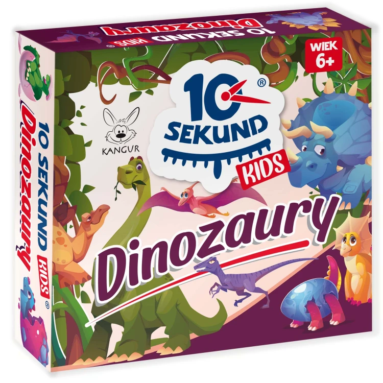 Widok kart i kostki do gry 10 Sekund Kids Dinozaury, edukacyjna rozrywka dla dzieci