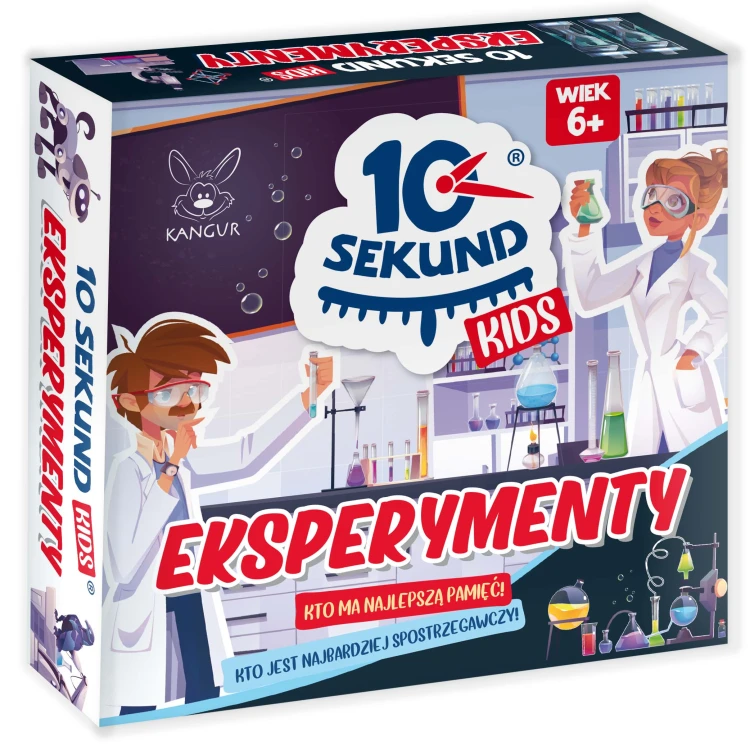 Ilustracje kart z gry 10 Sekund Kids Eksperymenty marki KANGUR, pokazujące eksperymenty i pytania