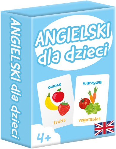 Widok kart edukacyjnych z podstawowymi słówkami po angielsku i polsku do gry Angielski dla Dzieci mini niebieskie 4+
