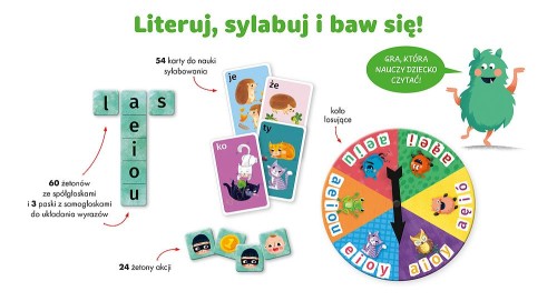 Ilustracje kart z gry Bazgraki czytają pokazujące wyrazy dwusylabowe i literki