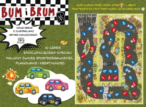 Elementy gry BUM i BRUM Rajd Malucha - puzzle i pionki, widok z góry NASZA KSIĘGARNIA
