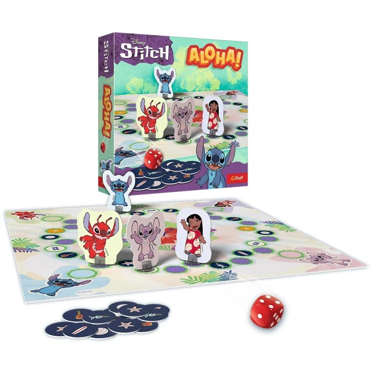 Kolorowa plansza i elementy gry planszowej Aloha! Disney Lilo&amp;Stitch od Trefl PAP