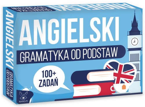 Gra edukacyjna Angielski – Gramatyka od podstaw KANGUR, widok opakowania i materiałów w formacie 115x175 mm