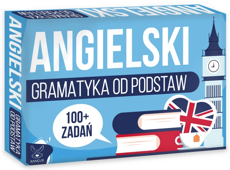 Gra edukacyjna Angielski – Gramatyka od podstaw KANGUR, widok opakowania i materiałów w formacie 115x175 mm