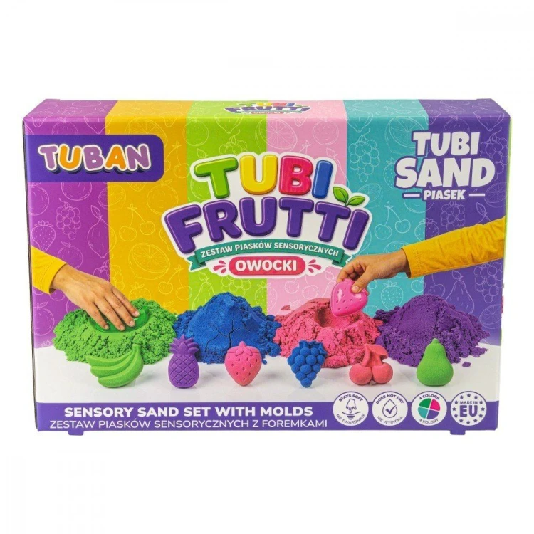 Zestaw piasków sensorycznych Tubi Frutti Owoce z foremkami marki TUBAN w kolorach owoców