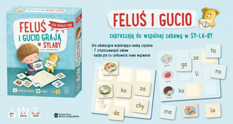 Elementy gry Feluś i Gucio Grają w Sylaby - plansze, płytki sylab i ilustracje