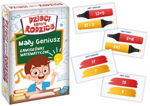 Gra edukacyjna Dzieci kontra Rodzice Łamigłówki Matematyczne KANGUR - pudełko i karty do nauki matematyki