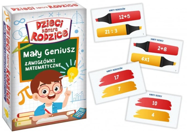 Gra edukacyjna Dzieci kontra Rodzice Łamigłówki Matematyczne KANGUR - pudełko i karty do nauki matematyki