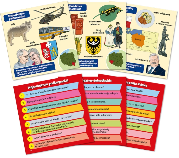 Ilustracje kart BrainBox Polska prezentujące polskie regiony i postaci REBEL