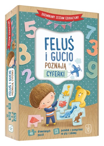 Feluś i Gucio Poznają Cyferki – drewniany zestaw edukacyjny NASZA KSIĘGARNIA wspierający naukę cyfr od 3 lat
