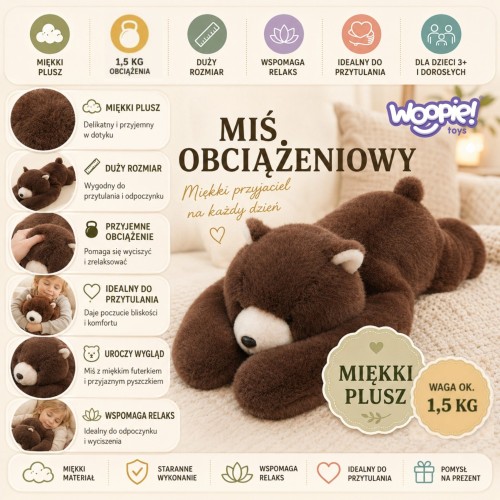 Miś Bruno leżący na boku; detal futerka i sylwetka wskazująca wysokość 65 cm oraz kształt przytulanki