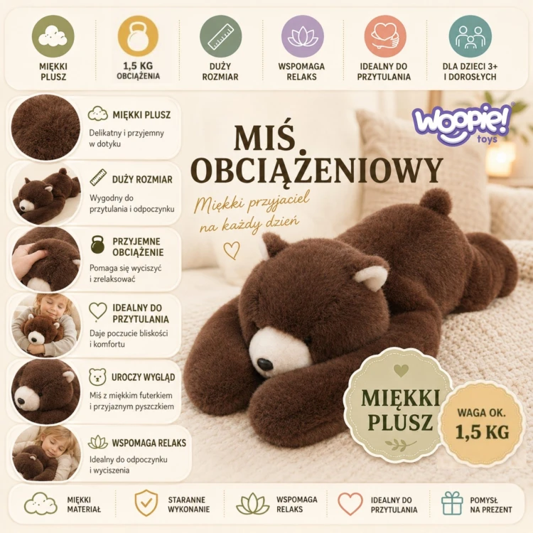 Miś Bruno leżący na boku; detal futerka i sylwetka wskazująca wysokość 65 cm oraz kształt przytulanki