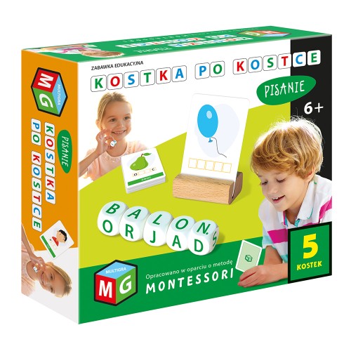Zestaw 5 kostek literowych oraz 55 kart obrazkowych do nauki pisania i czytania MULTIGRA