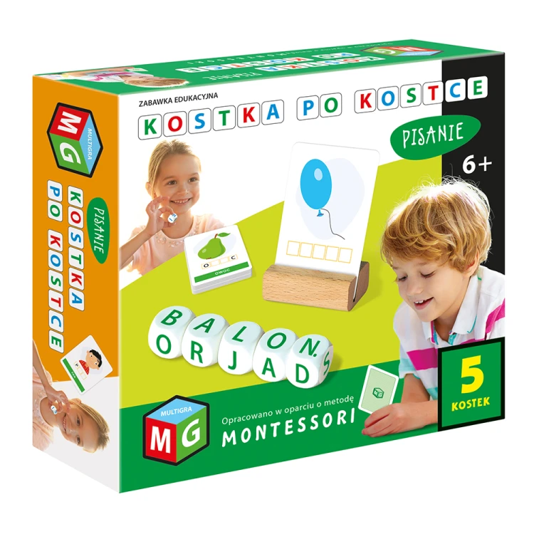 Zestaw 5 kostek literowych oraz 55 kart obrazkowych do nauki pisania i czytania MULTIGRA