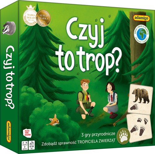 Kooperacyjna gra edukacyjna Czyj to Trop? od ADAMIGO z motywem śladów zwierząt