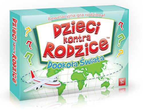 Rodzinna gra edukacyjna Dzieci kontra Rodzice Dookoła Świata od KANGUR – pudełko i karty w widoku z góry