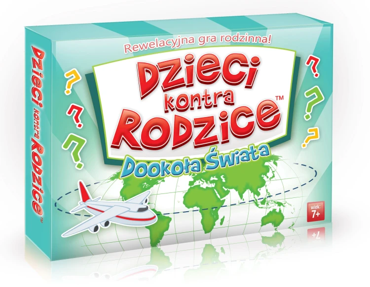 Rodzinna gra edukacyjna Dzieci kontra Rodzice Dookoła Świata od KANGUR – pudełko i karty w widoku z góry
