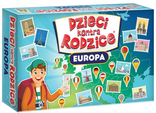 Rodzinna gra edukacyjna Dzieci kontra Rodzice Europa – pudełko i karty do gry KANGUR