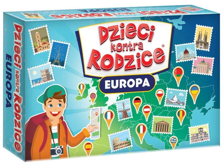 Rodzinna gra edukacyjna Dzieci kontra Rodzice Europa – pudełko i karty do gry KANGUR