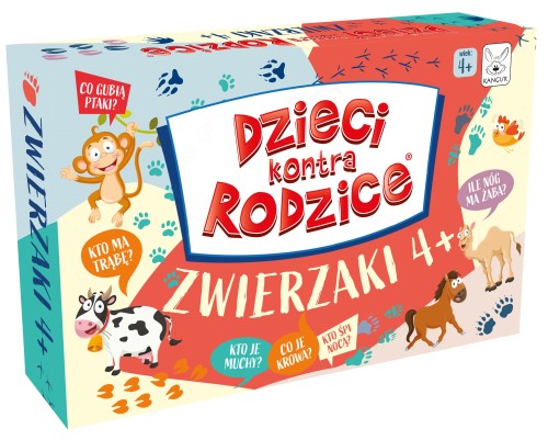 Edukacyjna gra karciana Dzieci kontra Rodzice Zwierzaki 4+ z kolorowymi ilustracjami zwierząt