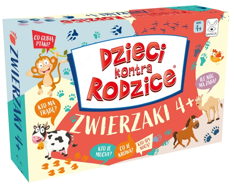 Edukacyjna gra karciana Dzieci kontra Rodzice Zwierzaki 4+ z kolorowymi ilustracjami zwierząt