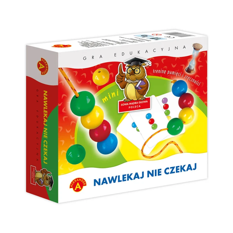 Widok kolorowych kul i kart w zestawie Nawlekaj Nie Czekaj Mini do nauki pamięci i koncentracji