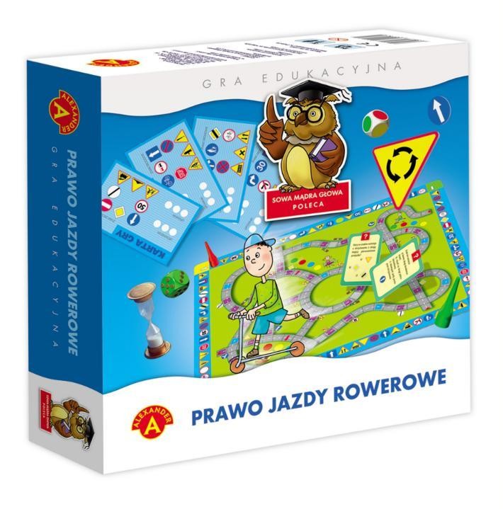Widok na elementy gry Prawo Jazdy Rowerowe: pionki, kostki i żetony ALEXANDER GRY