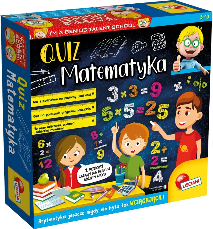 Plansza gry edukacyjnej Mały Geniusz Quiz Matematyka Lisciani z pytaniami matematycznymi dla dzieci 7 plus