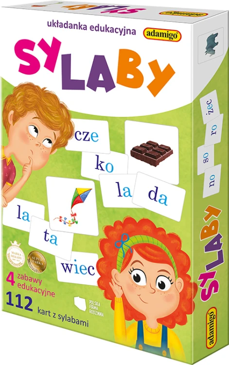 Sylaby – edukacyjna układanka ADAMIGO z 112 kartami sylab i 40 obrazkami do nauki czytania