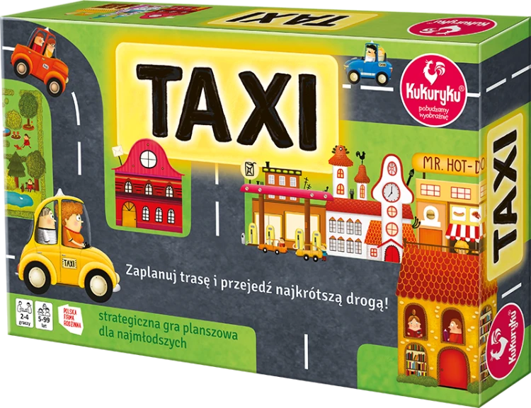 Kukuryku Taxi strategiczna gra planszowa dla dzieci z elementami mapy miasta
