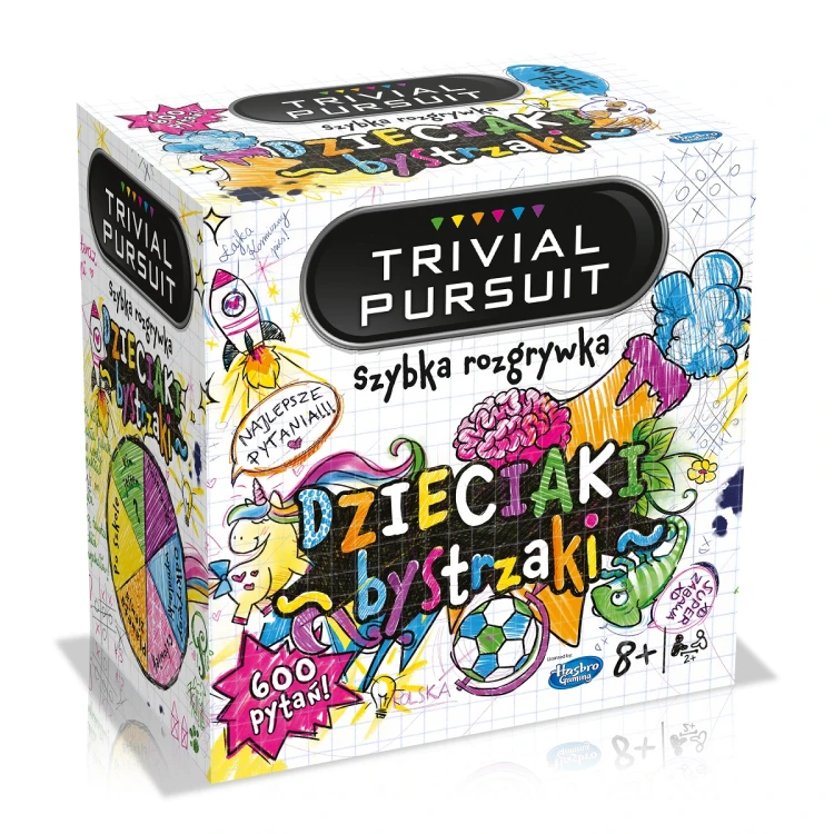 Widok planszy i elementów gry Trivial Pursuit Dzieciaki Bystrzaki – zestaw quizowy dla dzieci