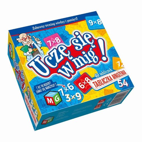 Ilustrowane tabliczki do nauki mnożenia z gry Uczę się w mig MULTIGRA ułożone na stole