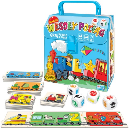 Pociąg 2w1 – gra planszowa i puzzle Alfabet JAKO z kolorowymi wagonikami