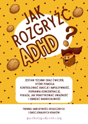 Zestaw kart pracy Jak rozgryźć ADHD? psychologiadziecka.org dla dzieci w wieku 8-12 lat, pokaz okładki i przykładowe karty