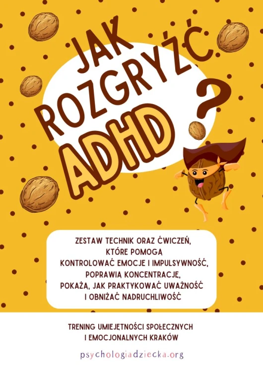Zestaw kart pracy Jak rozgryźć ADHD? psychologiadziecka.org dla dzieci w wieku 8-12 lat, pokaz okładki i przykładowe karty