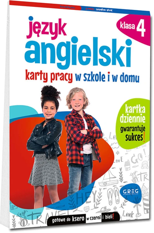 Język angielski – karty pracy dla klasy 4 szkoły podstawowej wydawnictwa GREG, widok okładki i przykładowe strony