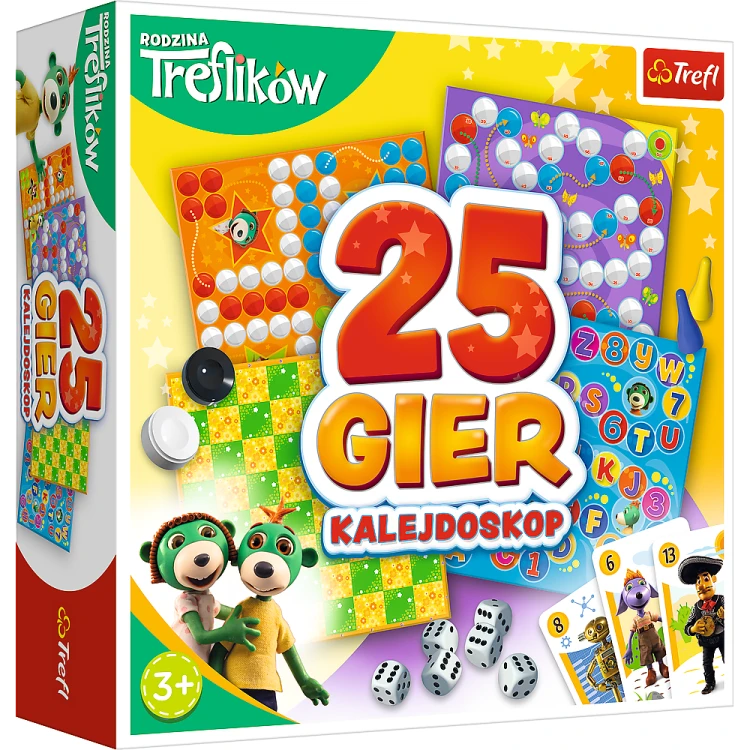 Zestaw gier Kalejdoskop 25 Gier Rodzina Treflików od Trefl PAP, kolorowe plansze i pionki
