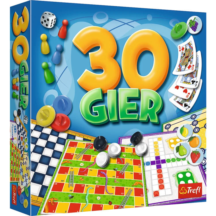 Plansze i elementy zestawu 30 Gier Trefl PAP do gier rodzinnych od 6 lat