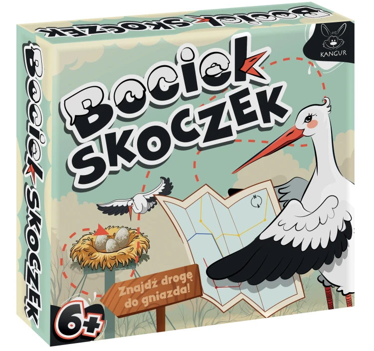 Widok szczegółowy ruchomej planszy i pionków gry Bociek Skoczek marki KANGUR