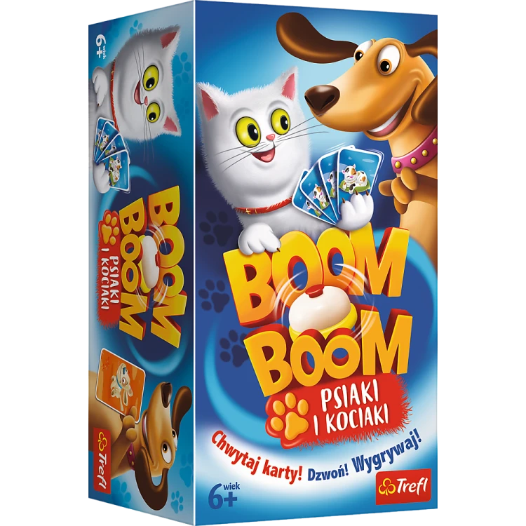 Zbliżenie na planszę i dzwonek w grze Boom Boom Psiaki i Kociaki Trefl PAP