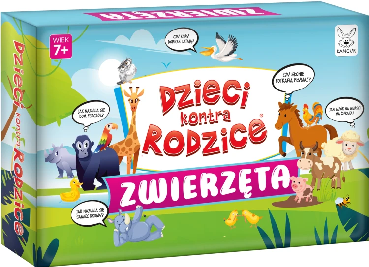 Zbliżenie na karty z pytaniami o zwierzętach w grze Dzieci kontra Rodzice Zwierzęta KANGUR