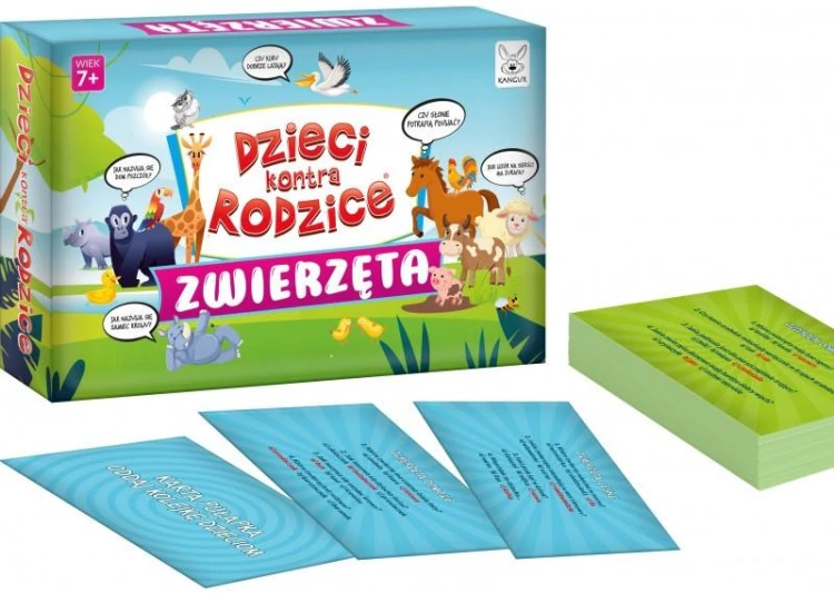 Gra edukacyjna Dzieci kontra Rodzice Zwierzęta KANGUR - pudełko i plansza w widoku z góry