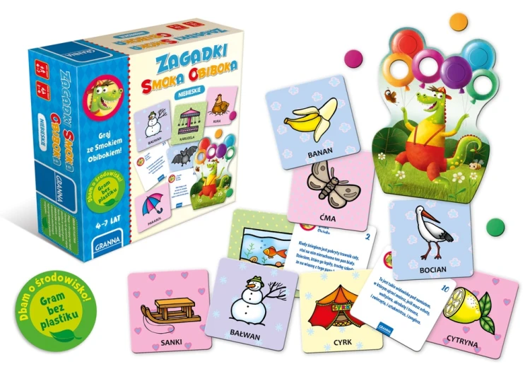 Edukacyjna gra Zagadki Smoka Obiboka Niebieskie wydawnictwa GRANNA z 117 kartami i puzzlami
