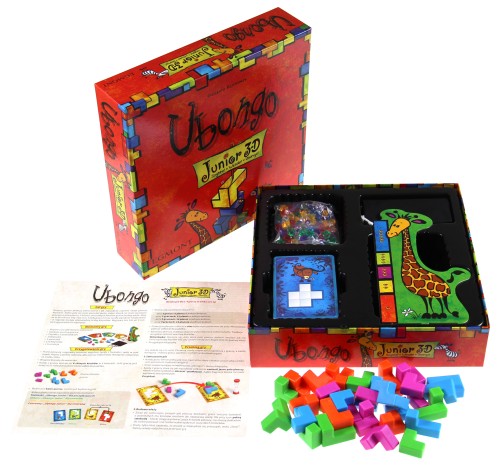 Elementy gry Ubongo Junior 3D – klocki 3D i linijka w kształcie żyrafy
