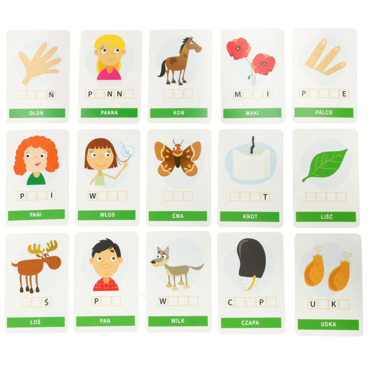 Widok kostek z literkami i drewnianej podstawki w grze Montessori Kostka po Kostce Pisanie MULTIGRA