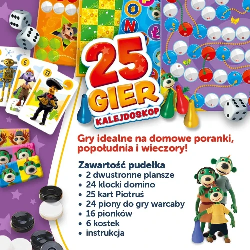 Elementy gry Kalejdoskop 25 Gier Rodzina Treflików z kostkami, kartami i pionkami