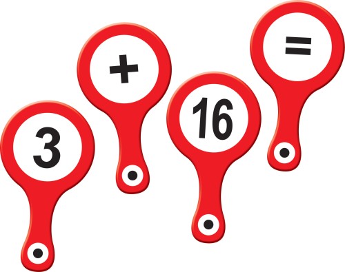 Zbliżenie na plakietki zestawu Liczmany 0–20 ADAMIGO – cyfry i symbole działań matematycznych do nauki dodawania i odejmowania