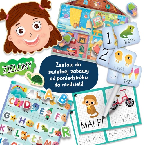 Elementy zestawu Lisciani Montessori Gra na Każdy Dzień z różnorodnymi zadaniami dla dzieci