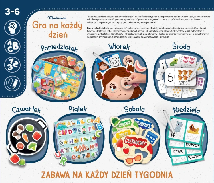 Widok na elementy edukacyjne zestawu Lisciani Montessori Gra na Każdy Dzień