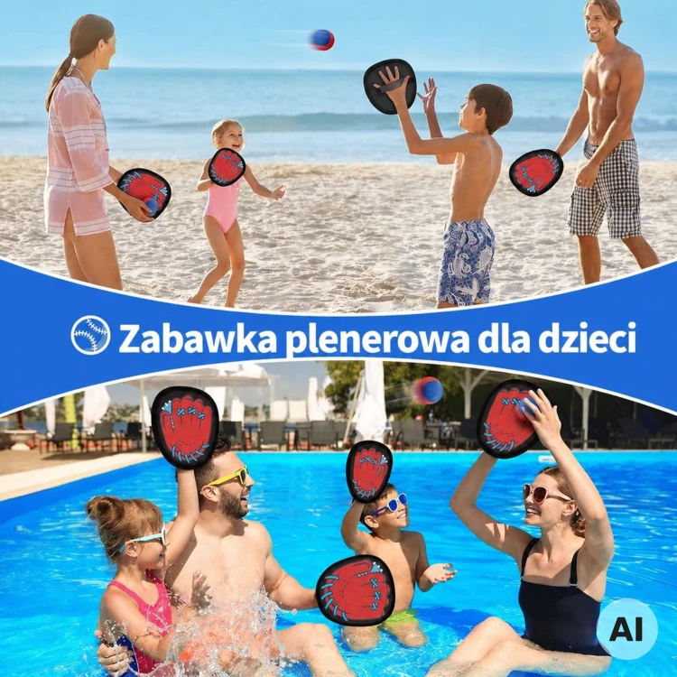 Widok zestawu Złap Piłkę WOOPIE z wodoodpornymi paletkami i torbą na tle białym